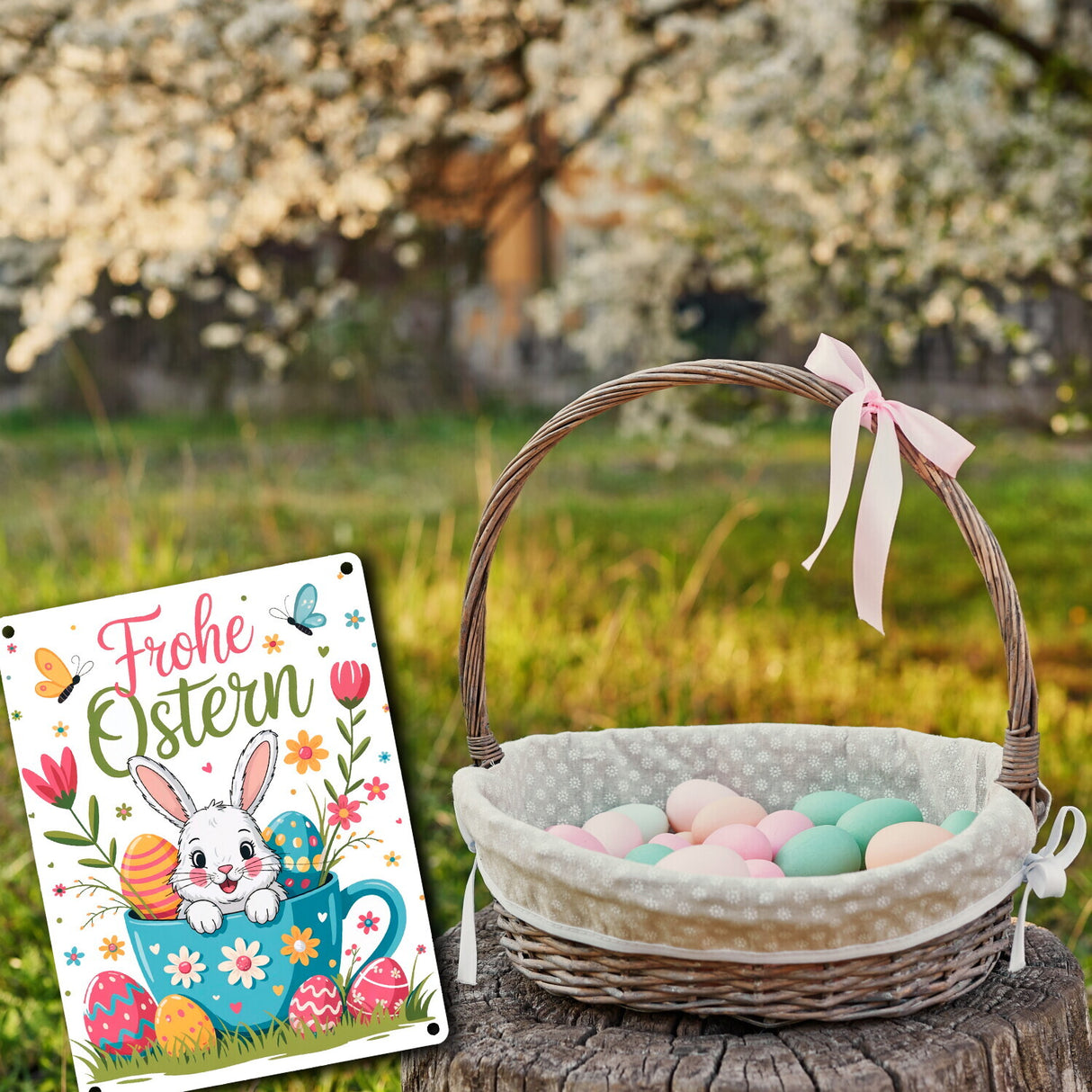 Frohe Ostern Metallschild in 15x20 cm mit Hase