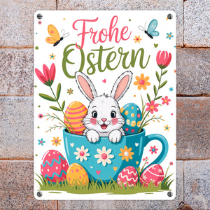Frohe Ostern Metallschild in 15x20 cm mit Hase