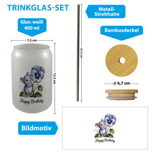 Maus mit Stiefmütterchen Trinkglas mit Bambusdeckel HAPPY BIRTHDAY