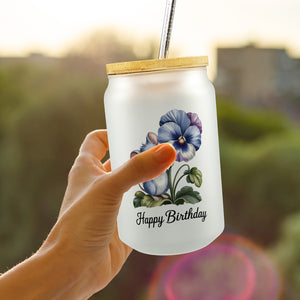 Maus mit Stiefmütterchen Trinkglas mit Bambusdeckel HAPPY BIRTHDAY