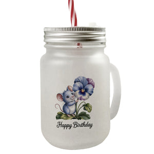 Maus mit Stiefmütterchen Trinkglas mit Bambusdeckel HAPPY BIRTHDAY