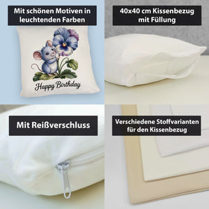 Maus mit Stiefmütterchen Kissen HAPPY BIRTHDAY