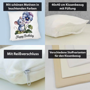 Maus mit Stiefmütterchen Kissen HAPPY BIRTHDAY