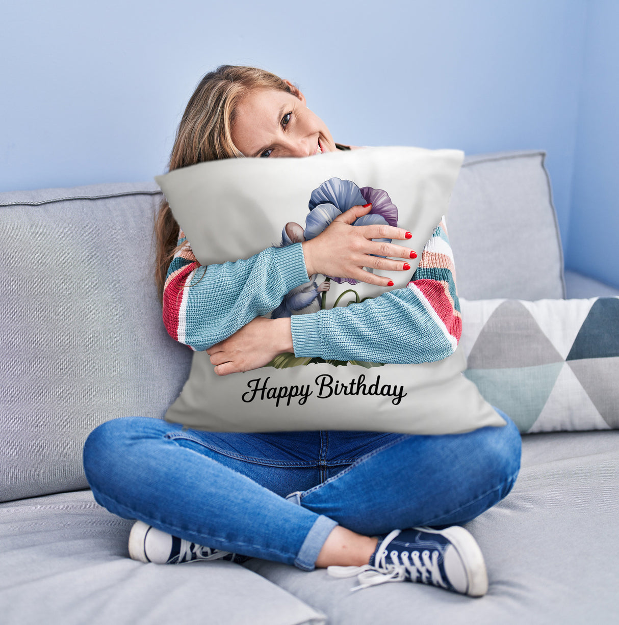 Maus mit Stiefmütterchen Kissen HAPPY BIRTHDAY