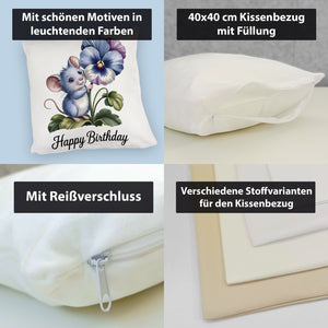Maus mit Stiefmütterchen Kissen HAPPY BIRTHDAY