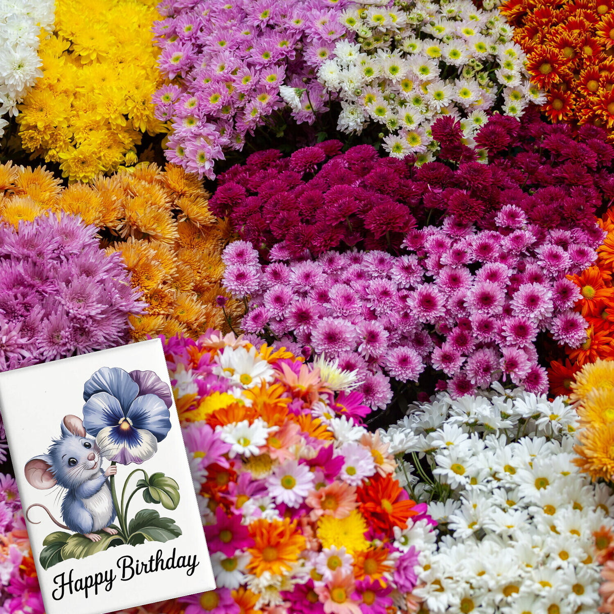 Maus mit Stiefmütterchen Souvenir Magnet HAPPY BIRTHDAY