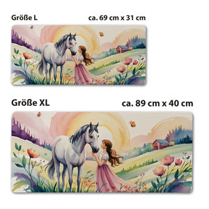 Pferde Mädchen Sonnenuntergang Schreibtischunterlage 69x31cm XXL Mauspad