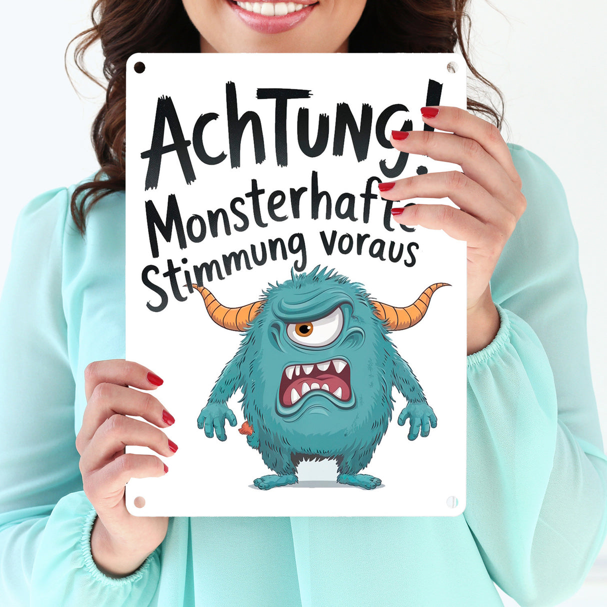 Blaues Cartoon Monster Achtung Monsterstimmung Metallschild in 15x20 cm