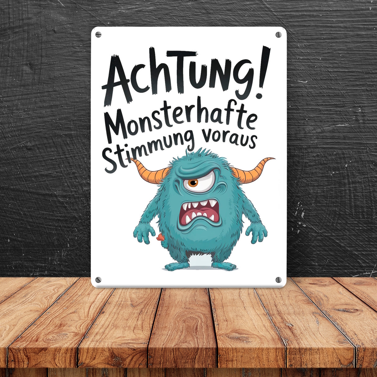 Blaues Cartoon Monster Achtung Monsterstimmung Metallschild in 15x20 cm