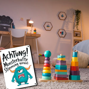 Blaues Cartoon Monster Achtung Monsterstimmung Metallschild in 15x20 cm