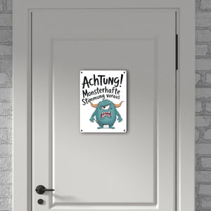 Blaues Cartoon Monster Achtung Monsterstimmung Metallschild in 15x20 cm