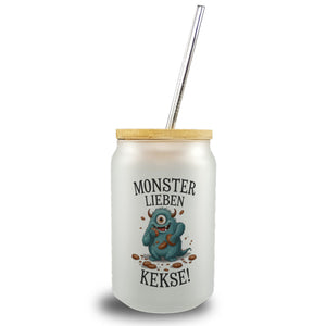 Blaues Monster mit Keks Trinkglas mit Bambusdeckel Monster lieben Kekse