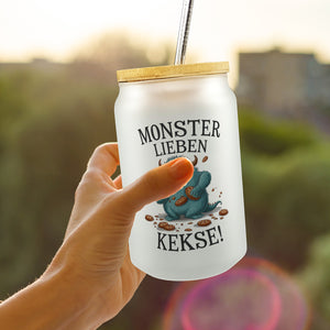 Blaues Monster mit Keks Trinkglas mit Bambusdeckel Monster lieben Kekse
