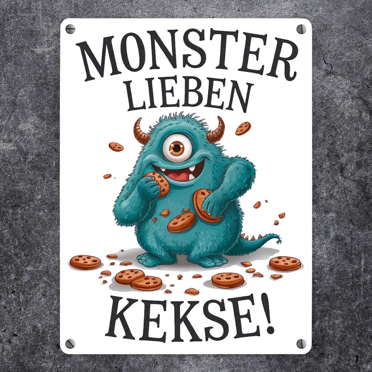 Blaues Monster mit Keks Metallschild in 15x20 cm Monster lieben Kekse
