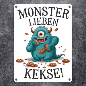Blaues Monster mit Keks Metallschild in 15x20 cm Monster lieben Kekse
