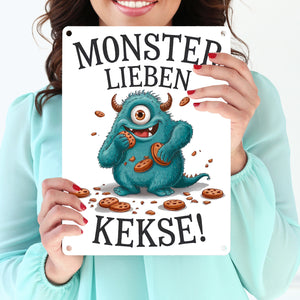 Blaues Monster mit Keks Metallschild in 15x20 cm Monster lieben Kekse