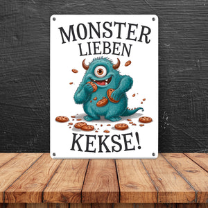 Blaues Monster mit Keks Metallschild in 15x20 cm Monster lieben Kekse