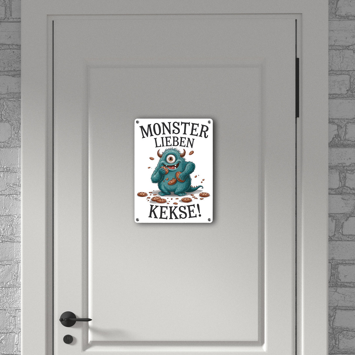 Blaues Monster mit Keks Metallschild in 15x20 cm Monster lieben Kekse