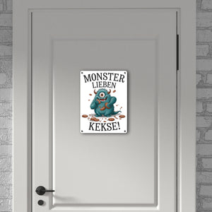 Blaues Monster mit Keks Metallschild in 15x20 cm Monster lieben Kekse