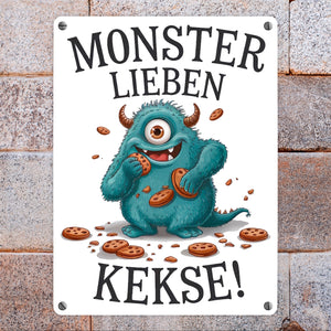 Blaues Monster mit Keks Metallschild in 15x20 cm Monster lieben Kekse