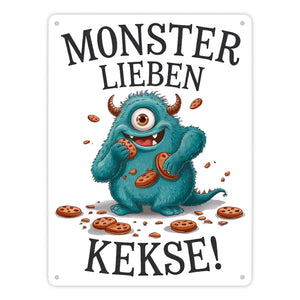 Blaues Monster mit Keks Metallschild in 15x20 cm Monster lieben Kekse