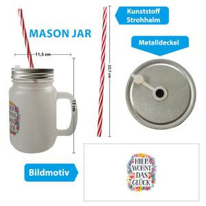 Hier wohnt Glück Trinkglas mit Bambusdeckel Blumenkranz