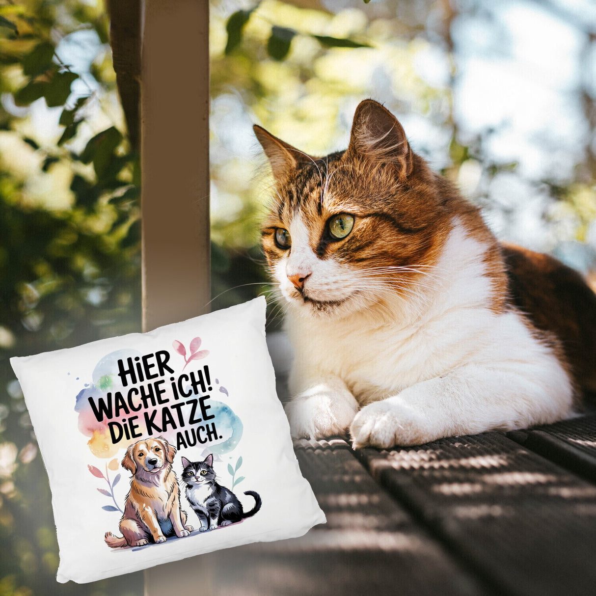 Hier wache ich Hund und Katze Kissen