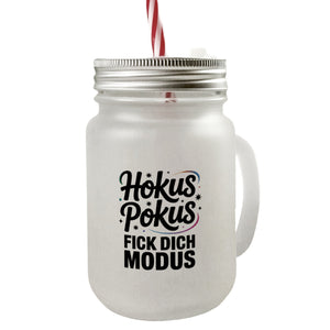 Hokus Pokus Trinkglas mit Bambusdeckel mit frechem Spruch