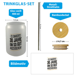 Es dauerte 30 Jahre Retro Trinkglas mit Bambusdeckel mit Spruch