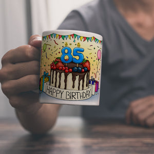 85. Geburtstag Tasse mit Kuchen und Geschenk und Anhänger: zum 31046. Tag