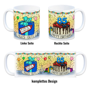 85. Geburtstag Tasse mit Kuchen und Geschenk und Anhänger: zum 31046. Tag