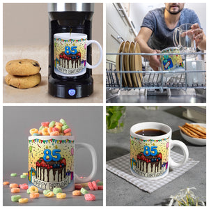 85. Geburtstag Tasse mit Kuchen und Geschenk und Anhänger: zum 31046. Tag