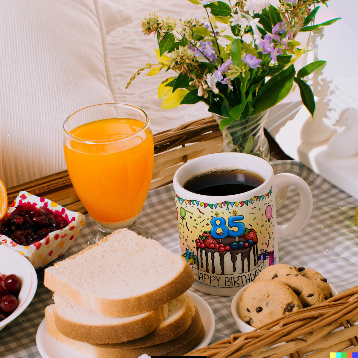 85. Geburtstag Tasse mit Kuchen und Geschenk und Anhänger: zum 31046. Tag
