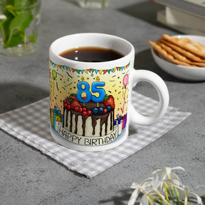 85. Geburtstag Tasse mit Kuchen und Geschenk und Anhänger: zum 31046. Tag
