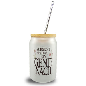 Vorsicht Genie am Werk Trinkglas mit Bambusdeckel Dekoration