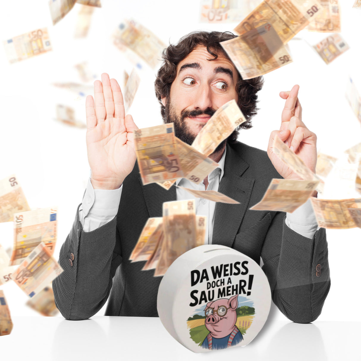 Cartoon Sau mit Brille Spardose A Sau weiß mehr