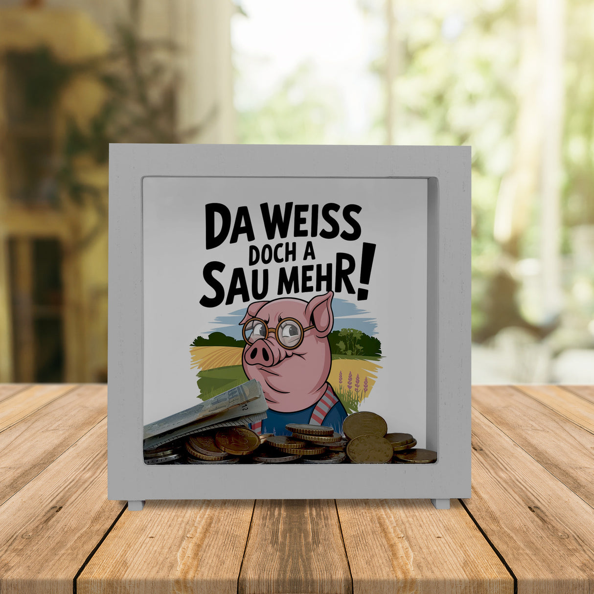 Cartoon Sau mit Brille Spardose A Sau weiß mehr