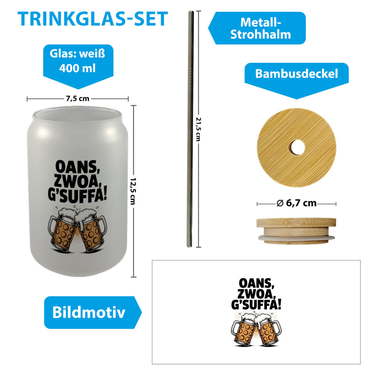 Zwei Bierkrüge Oans, zwoa, g’suffa Trinkglas mit Bambusdeckel
