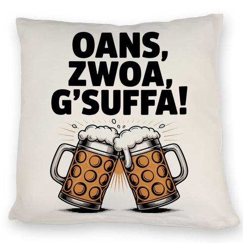 Zwei Bierkrüge Oans, zwoa, g’suffa Kissen