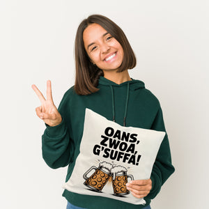 Zwei Bierkrüge Oans, zwoa, g’suffa Kissen