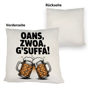 Zwei Bierkrüge Oans, zwoa, g’suffa Kissen