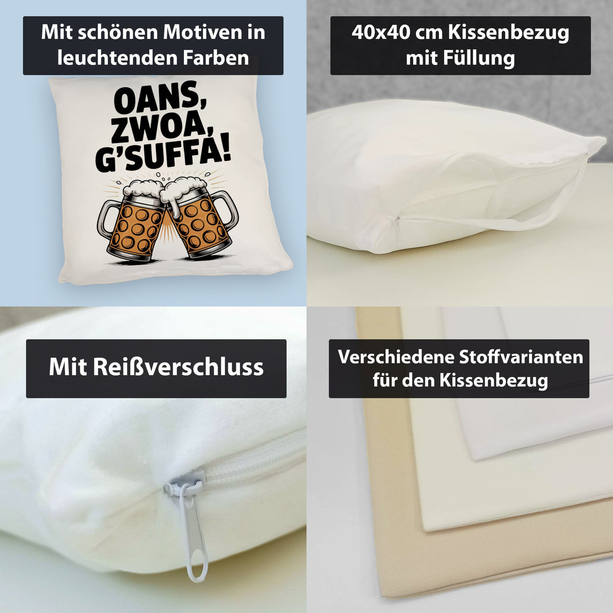 Zwei Bierkrüge Oans, zwoa, g’suffa Kissen
