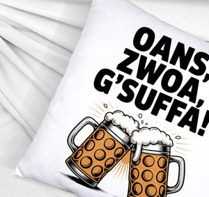 Zwei Bierkrüge Oans, zwoa, g’suffa Kissen