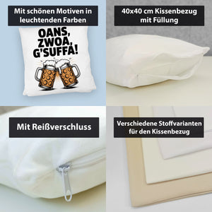 Zwei Bierkrüge Oans, zwoa, g’suffa Kissen