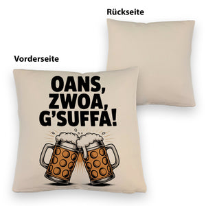 Zwei Bierkrüge Oans, zwoa, g’suffa Kissen