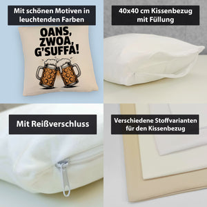 Zwei Bierkrüge Oans, zwoa, g’suffa Kissen