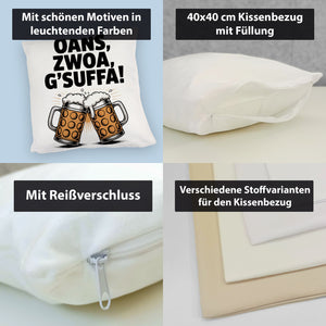 Zwei Bierkrüge Oans, zwoa, g’suffa Kissen
