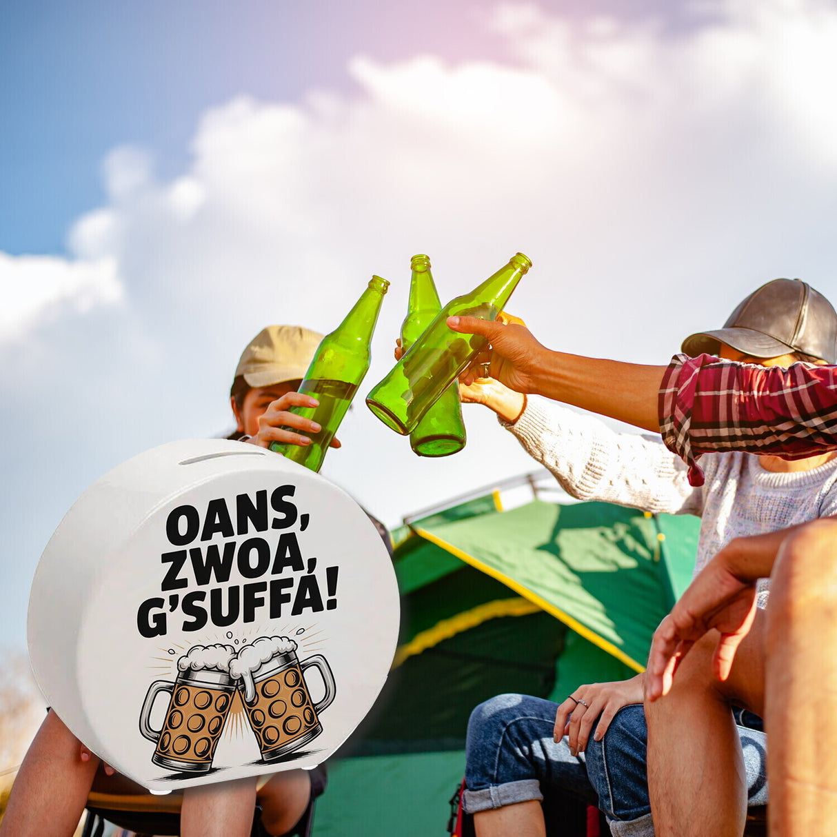 Zwei Bierkrüge Oans, zwoa, g’suffa Spardose