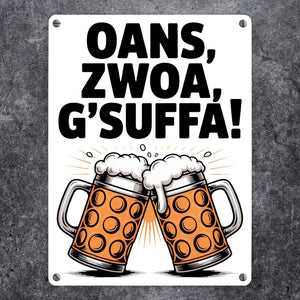 Zwei Bierkrüge Oans, zwoa, g’suffa Metallschild in 15x20 cm