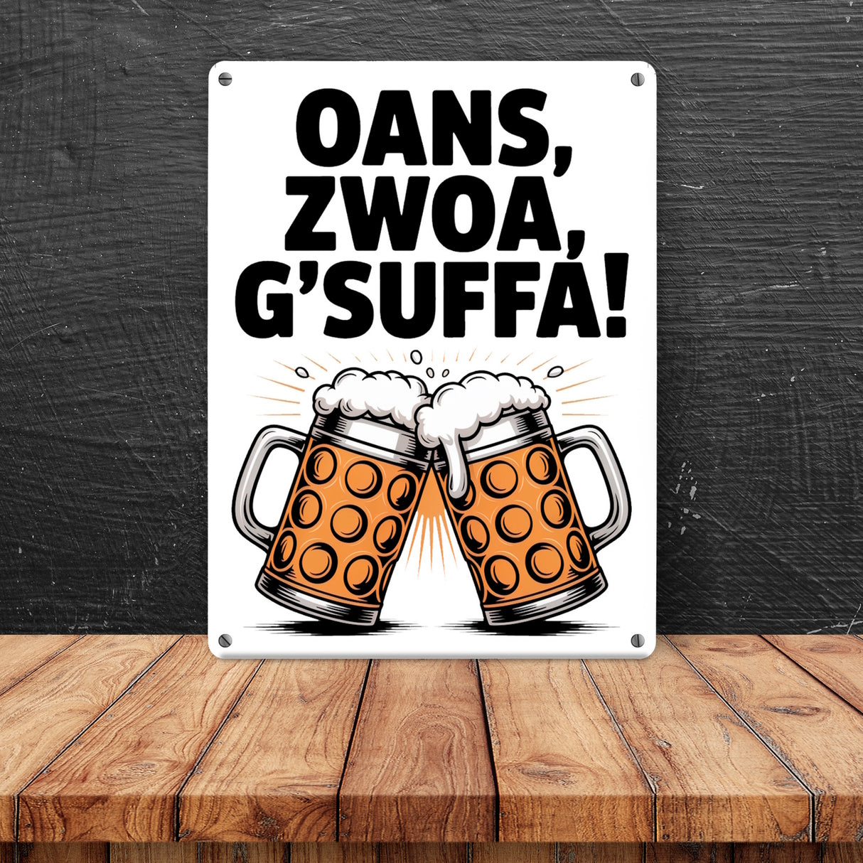 Zwei Bierkrüge Oans, zwoa, g’suffa Metallschild in 15x20 cm